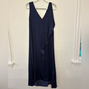 Gigi Parker Navy Blue Sleeveless Front Ruffle Midi Dress